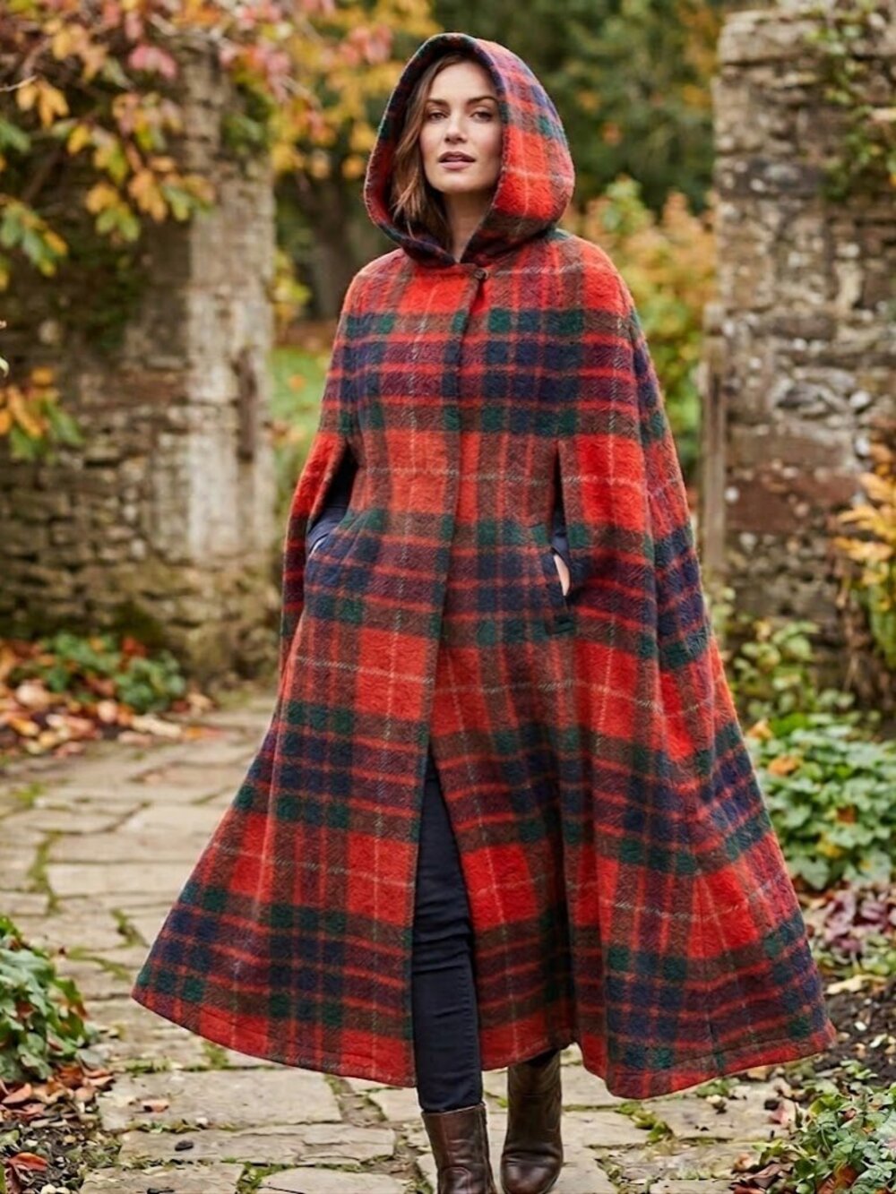 Red Tartan Plaid Hooded Cape – Cozy Wool-Look Cloak Coat with Arm Slits